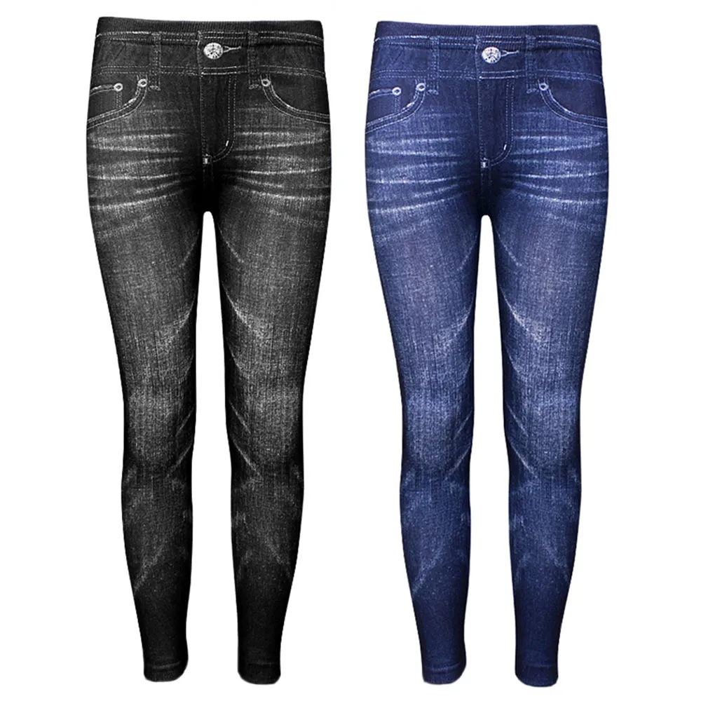 2 Girls Jegging Leggings Ballerina Stretch Denim Jeans Look Blue Black Kid S/M