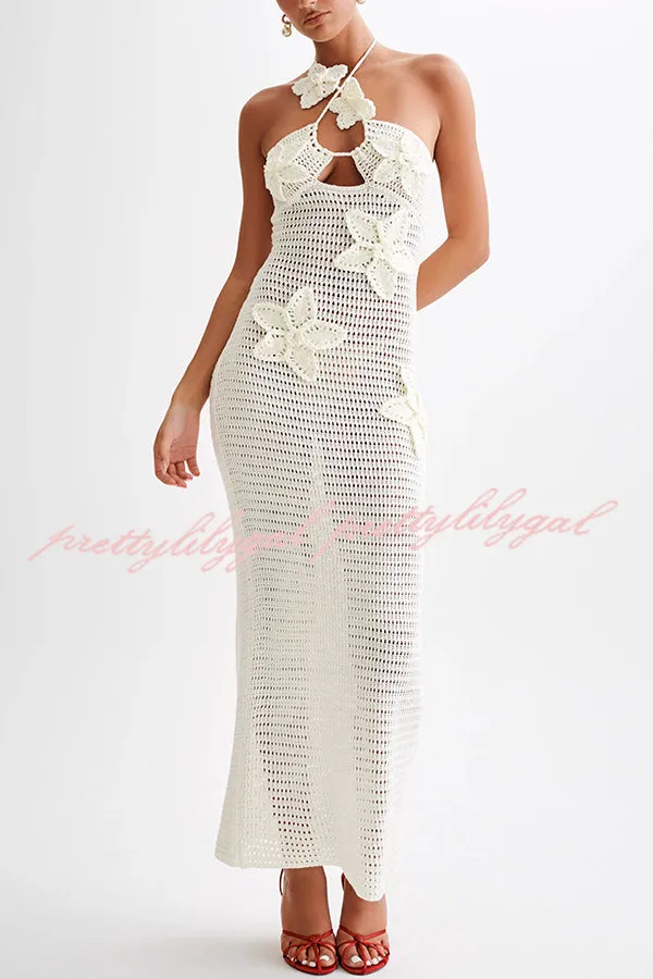 Call It Chic Knit Floral Crochet Halter Fishtail Hem Maxi Dress