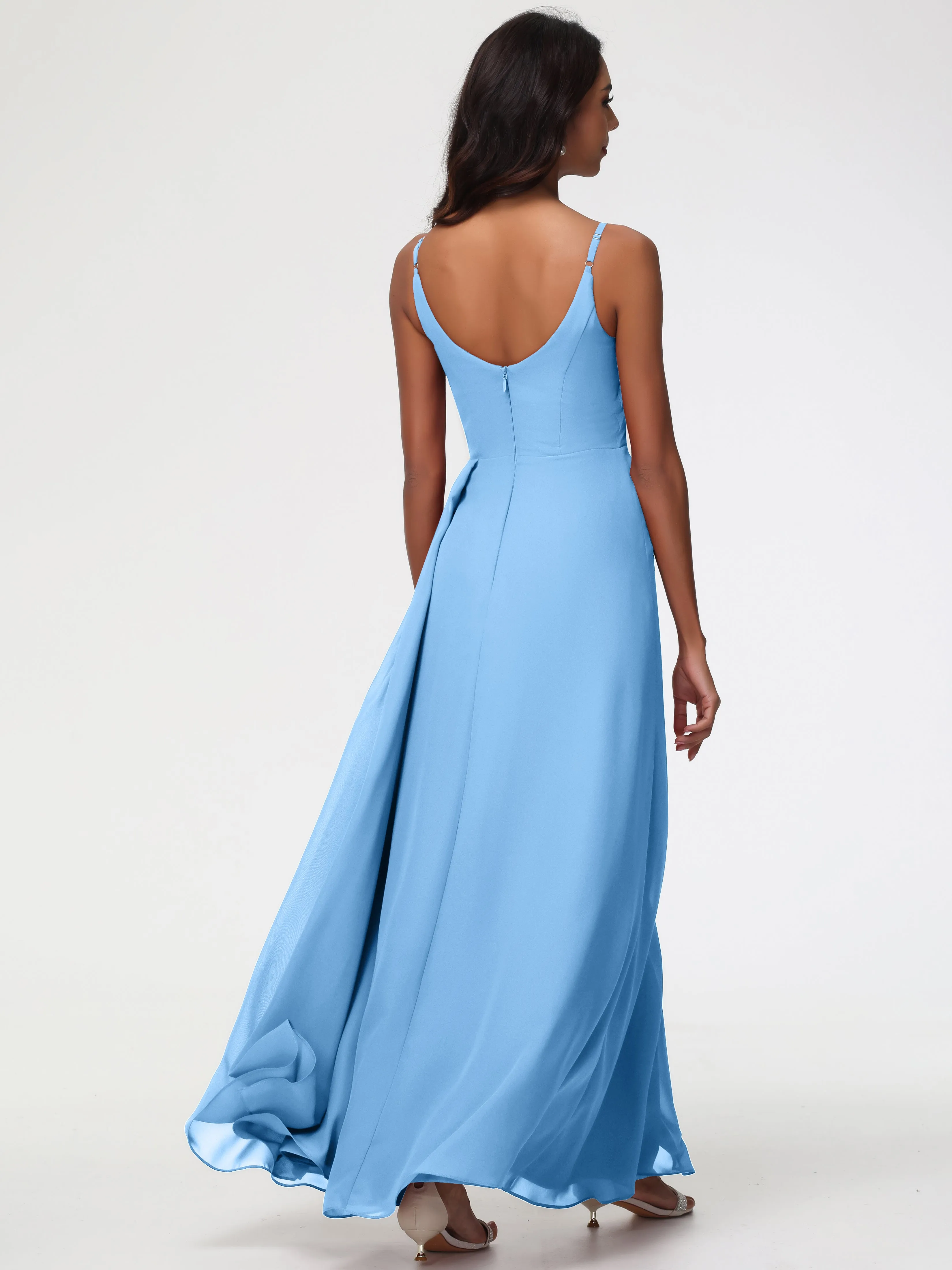 Girls Blue Bridesmaid Dress A-Line V-Neck Spaghetti Straps Ruched Chiffon Bridesmaid Dresses With Slit