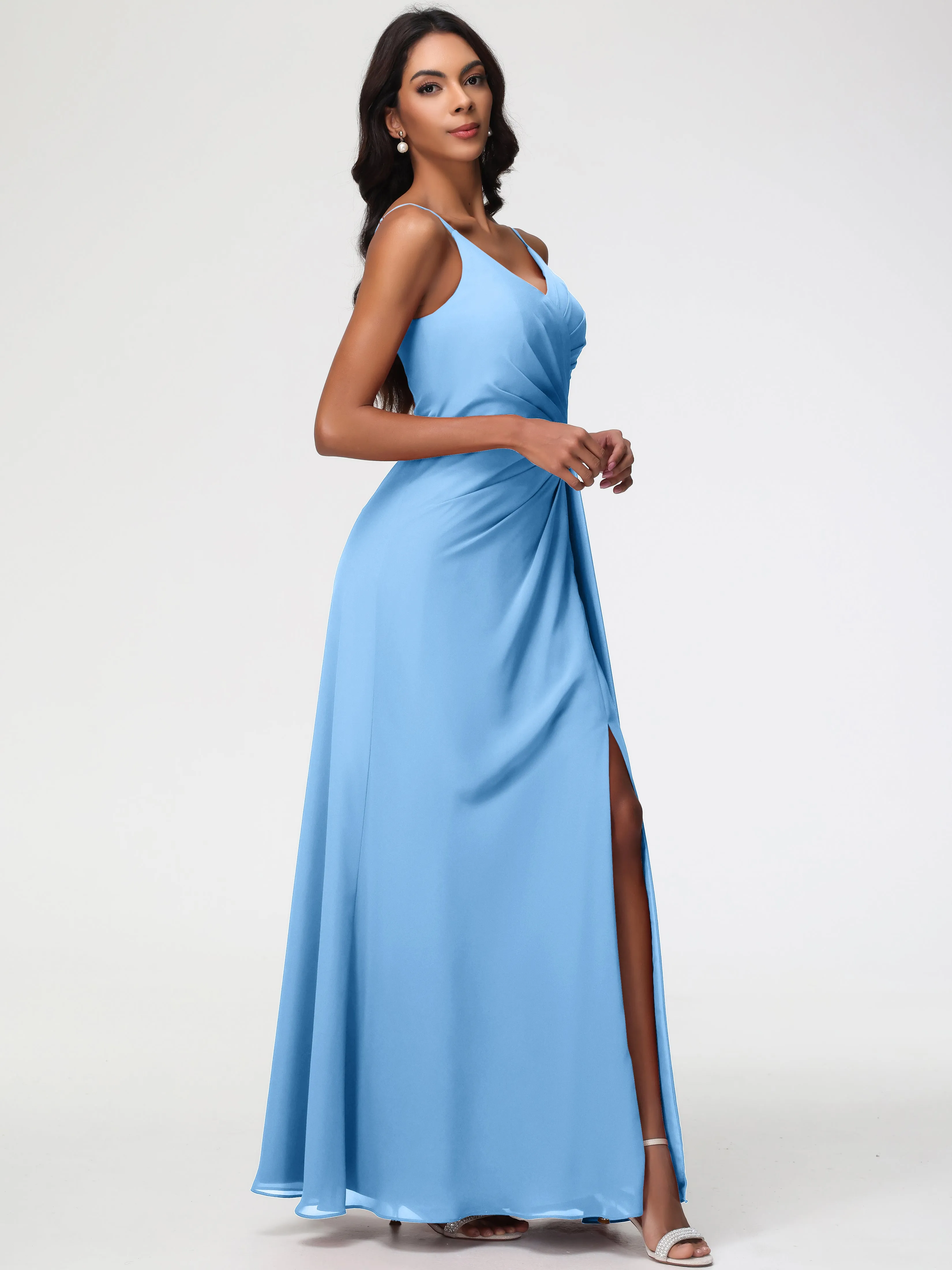 Girls Blue Bridesmaid Dress A-Line V-Neck Spaghetti Straps Ruched Chiffon Bridesmaid Dresses With Slit