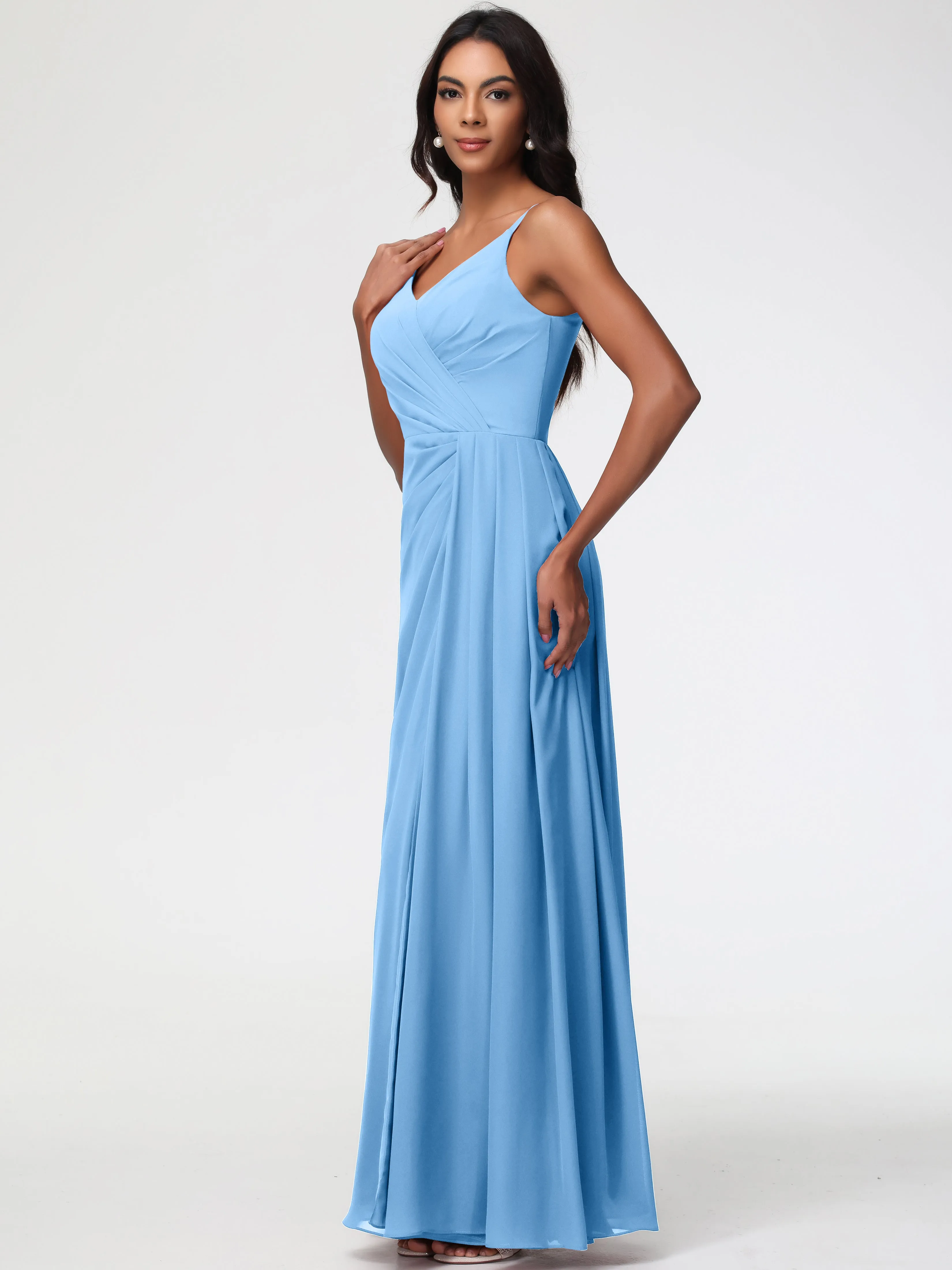 Girls Blue Bridesmaid Dress A-Line V-Neck Spaghetti Straps Ruched Chiffon Bridesmaid Dresses With Slit