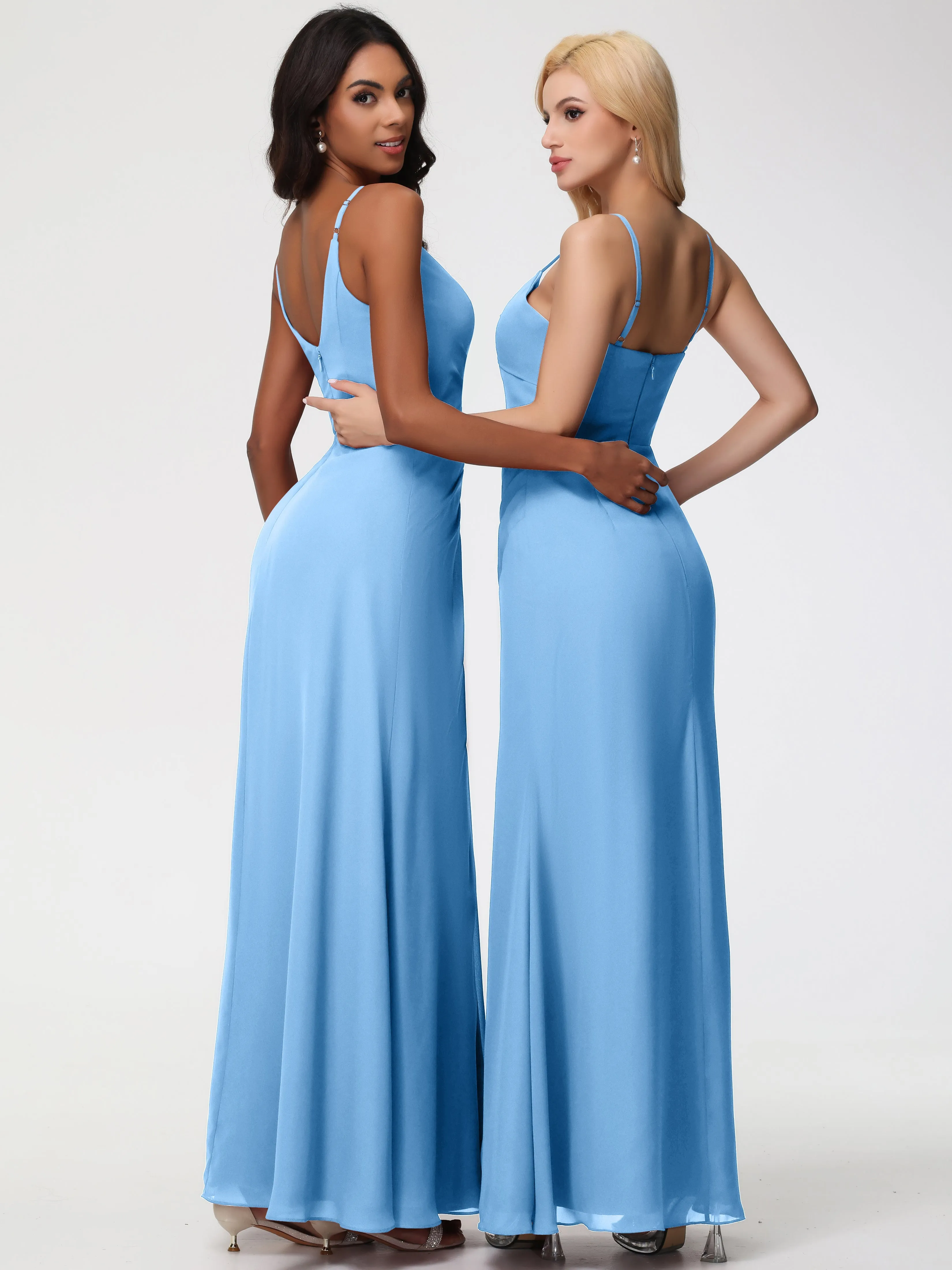 Girls Blue Bridesmaid Dress A-Line V-Neck Spaghetti Straps Ruched Chiffon Bridesmaid Dresses With Slit