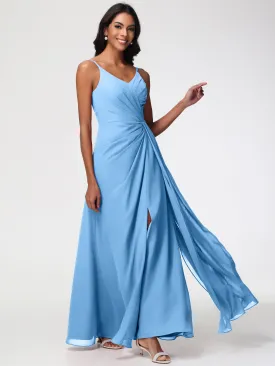 Girls Blue Bridesmaid Dress A-Line V-Neck Spaghetti Straps Ruched Chiffon Bridesmaid Dresses With Slit