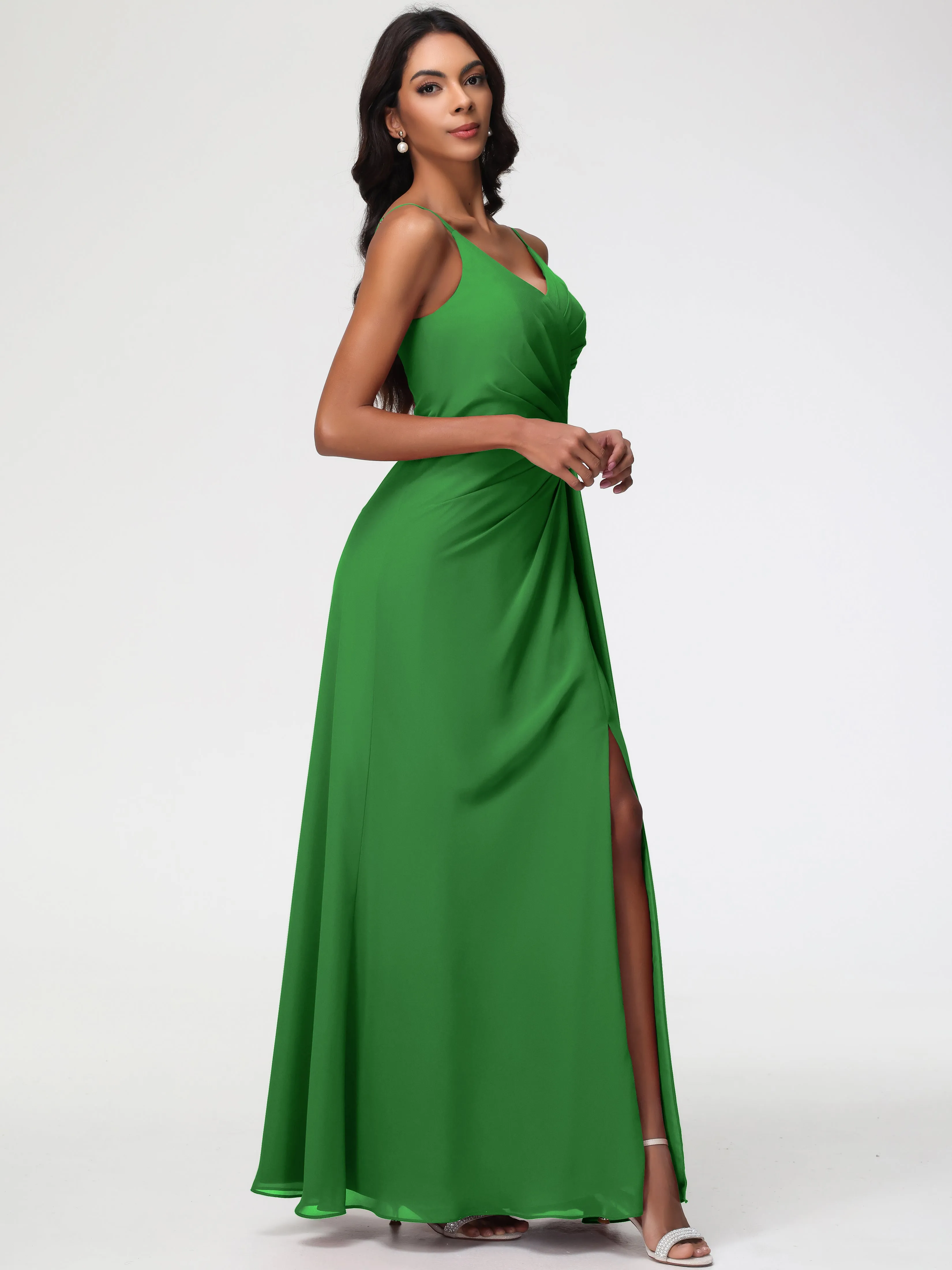 Green Chiffon Bridesmaids Dresses A-Line V-Neck Spaghetti Straps Ruched Chiffon Bridesmaid Dresses With Slit