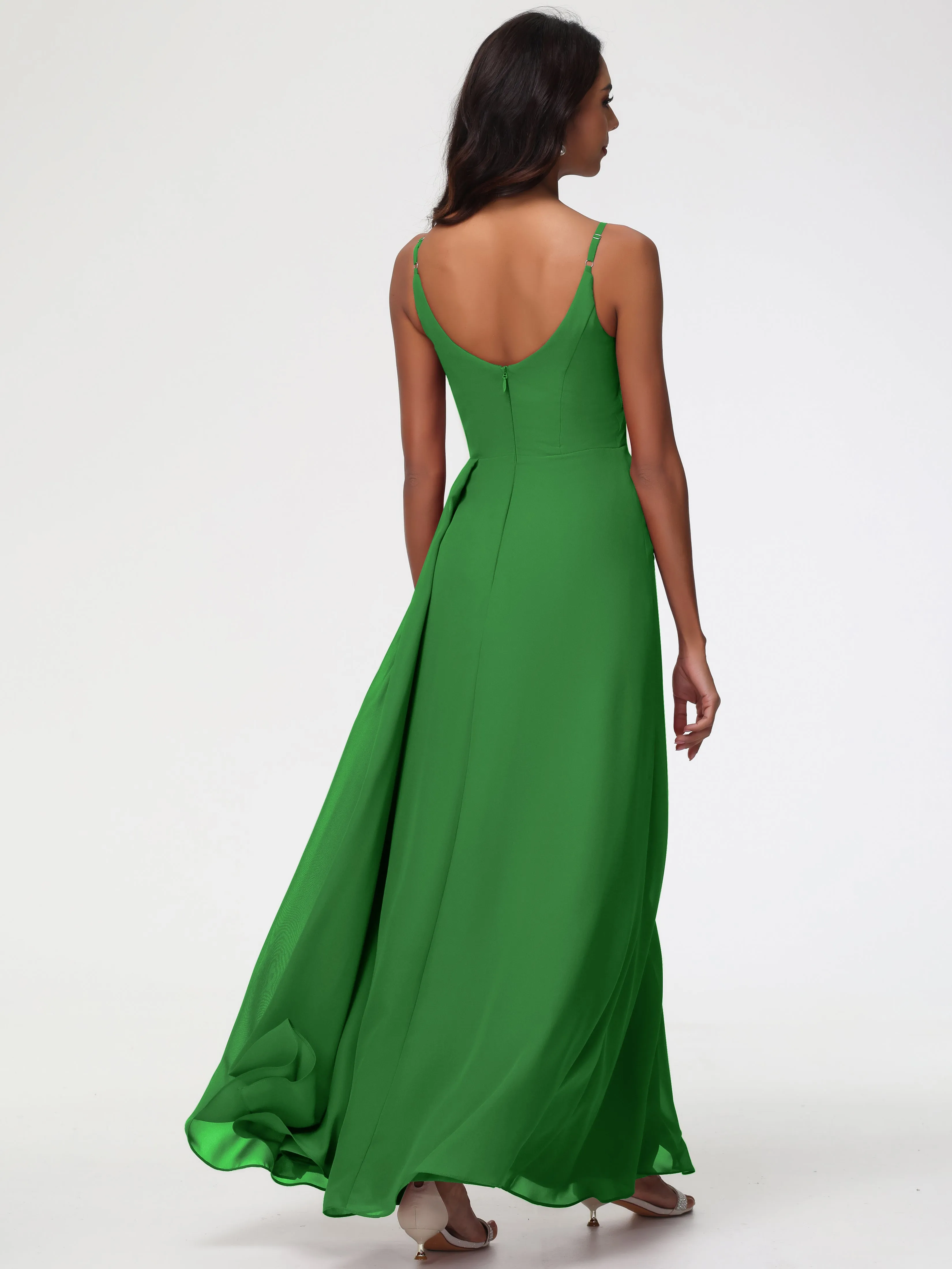 Green Chiffon Bridesmaids Dresses A-Line V-Neck Spaghetti Straps Ruched Chiffon Bridesmaid Dresses With Slit