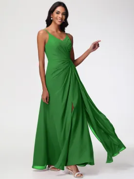 Green Chiffon Bridesmaids Dresses A-Line V-Neck Spaghetti Straps Ruched Chiffon Bridesmaid Dresses With Slit