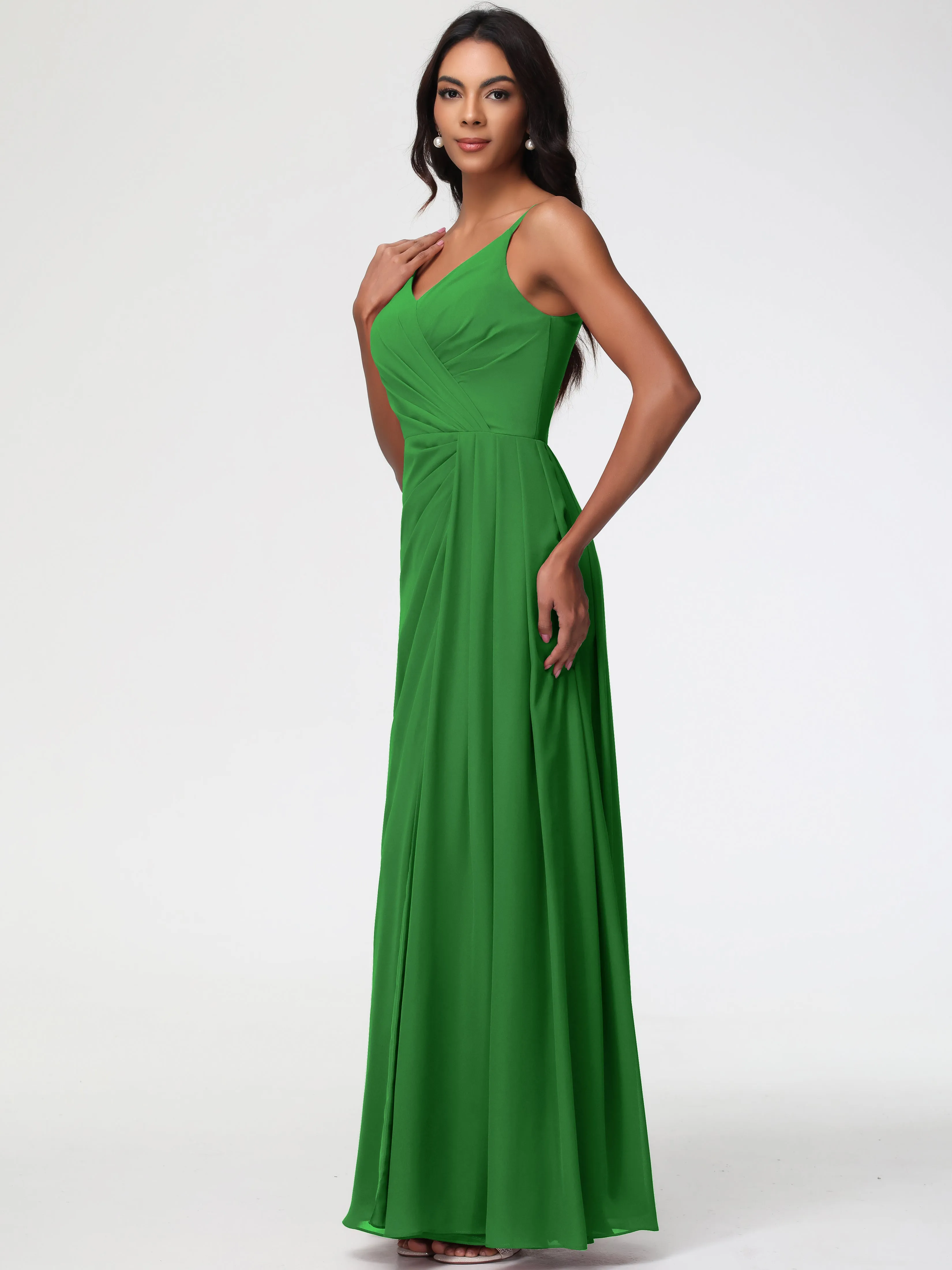 Green Chiffon Bridesmaids Dresses A-Line V-Neck Spaghetti Straps Ruched Chiffon Bridesmaid Dresses With Slit