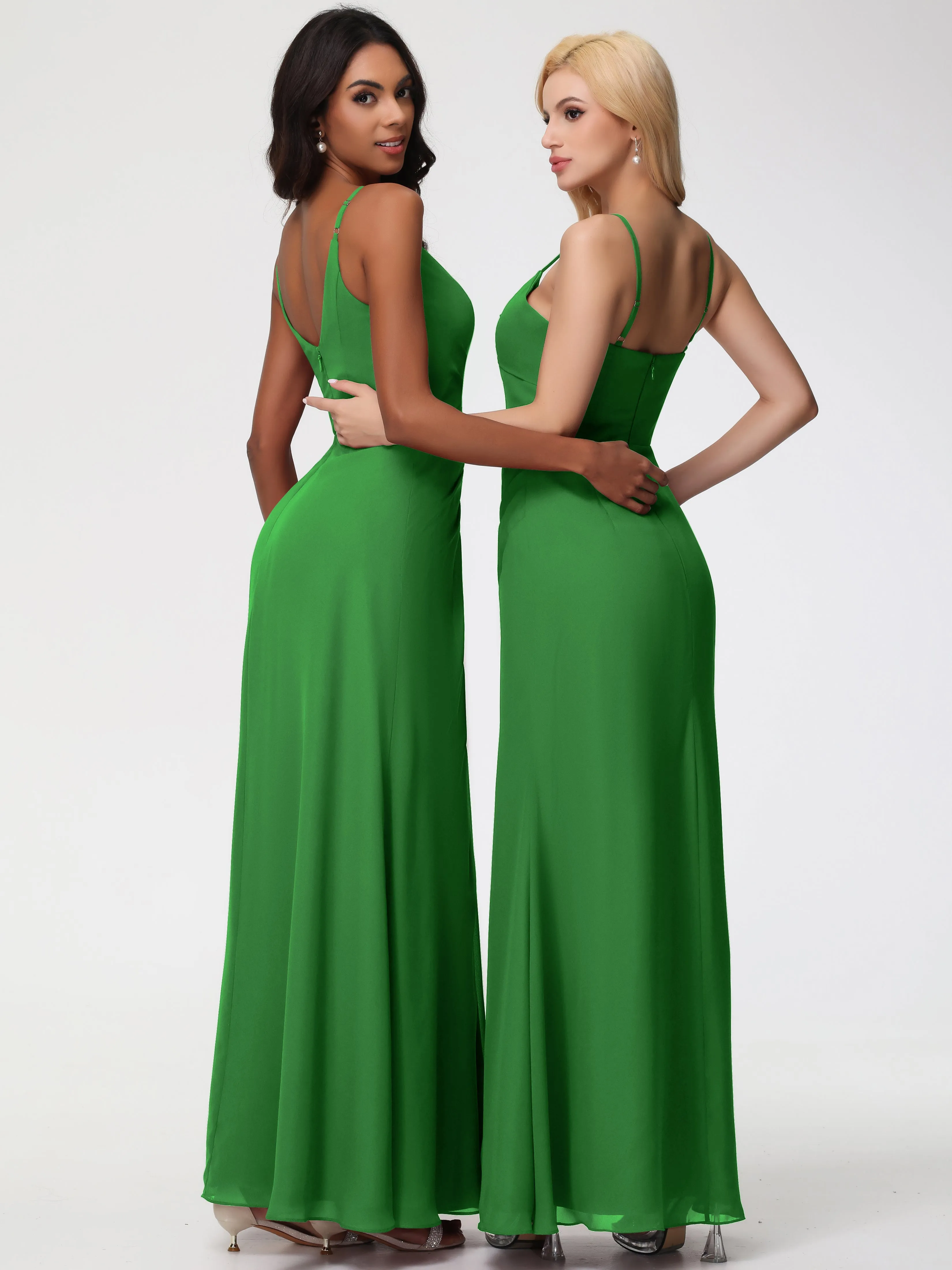 Green Chiffon Bridesmaids Dresses A-Line V-Neck Spaghetti Straps Ruched Chiffon Bridesmaid Dresses With Slit
