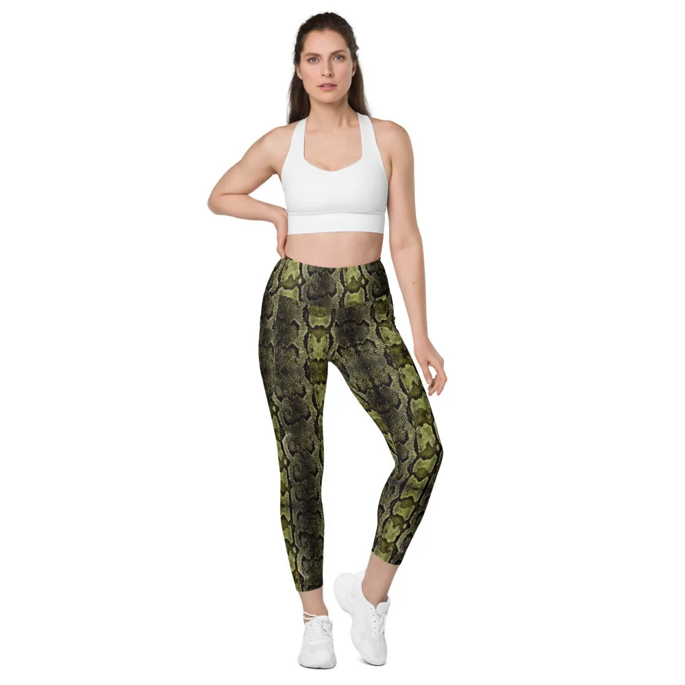 Light Green Snake Tights, Women's 7/8 Leggings With 2 Side Pockets - Made in USA/EU/MX