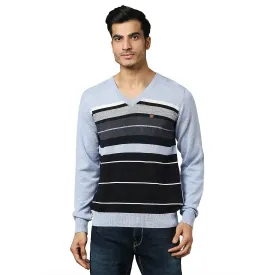 Men Blue Stripe Acrylic Wool Blend Full Sleeve V Neck Collar Sweaters