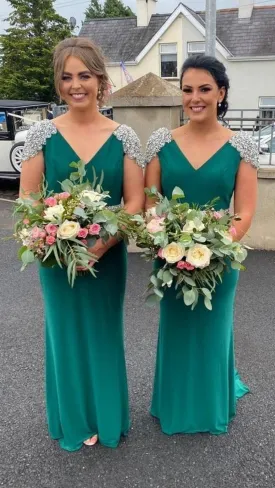 Sarah Green V Neck Sequin Shoulder Cap Sample Bridesmaids Dress