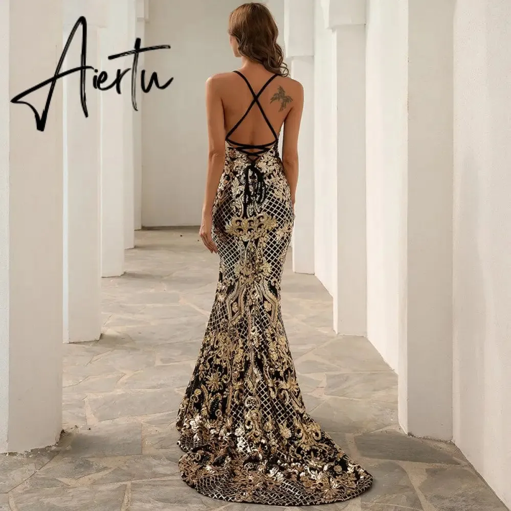 Sexy Dress Suspender Temperament Summer Sleeveless  Birthday  Ball  Split  Evening Dress Gold Sequined Fishtail Dresses