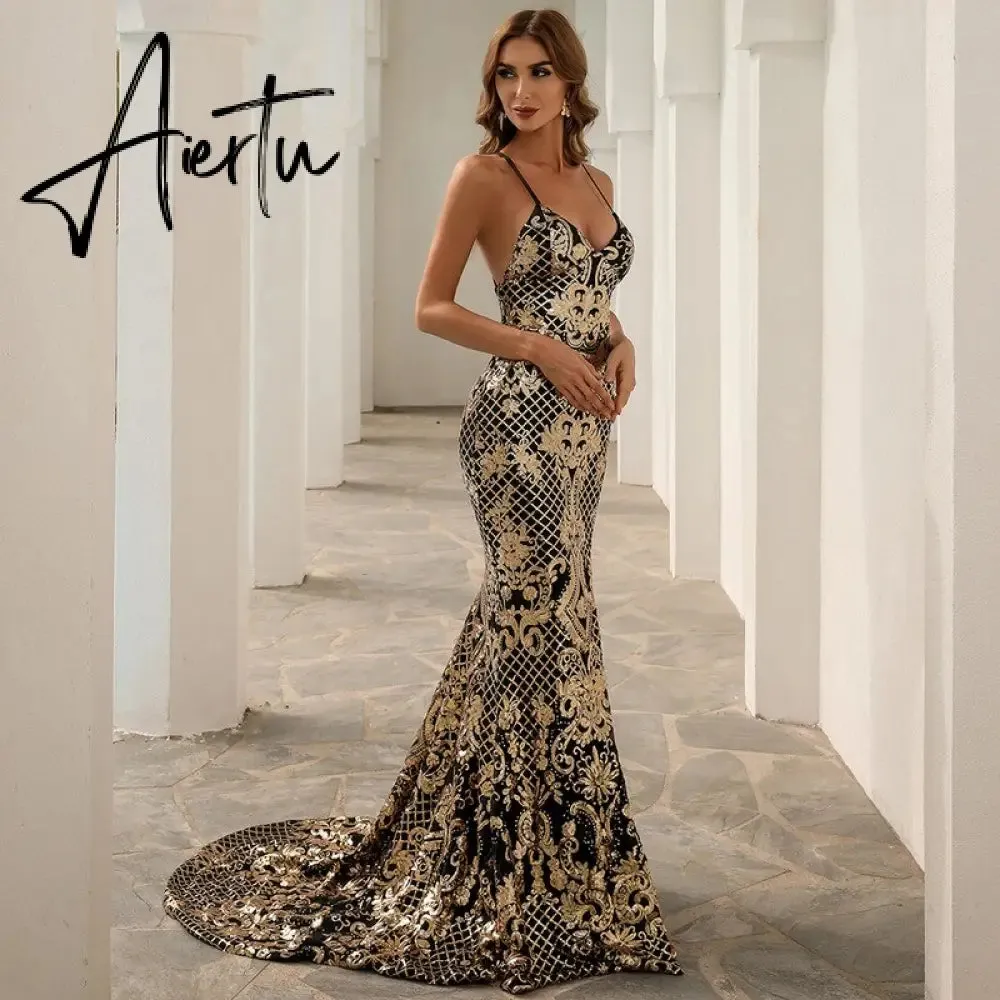 Sexy Dress Suspender Temperament Summer Sleeveless  Birthday  Ball  Split  Evening Dress Gold Sequined Fishtail Dresses
