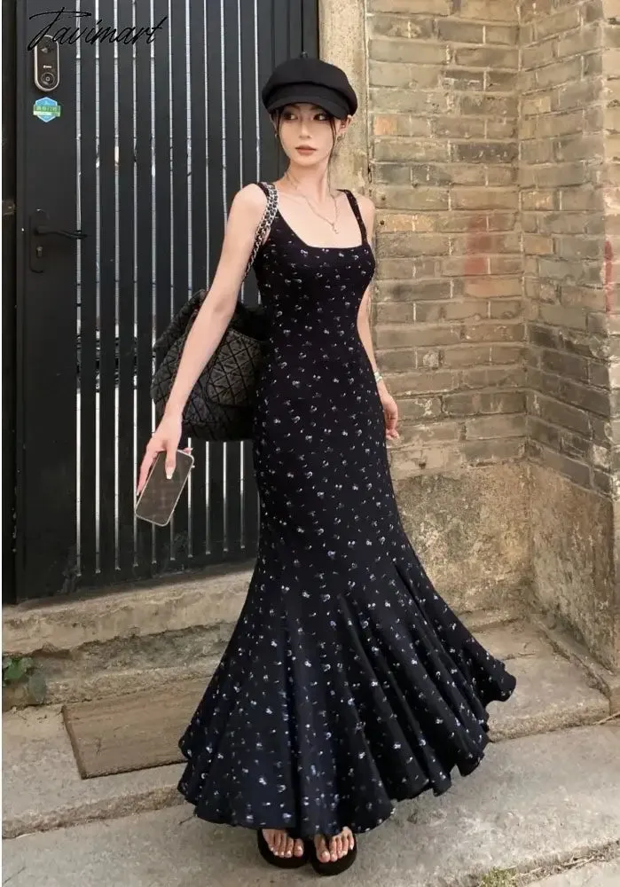TAVIMART New Floral Square Neck Suspender Dress Women's Summer Traf Female Backless Party Fishtail Long Dress Elegant And Pretty Dresses.