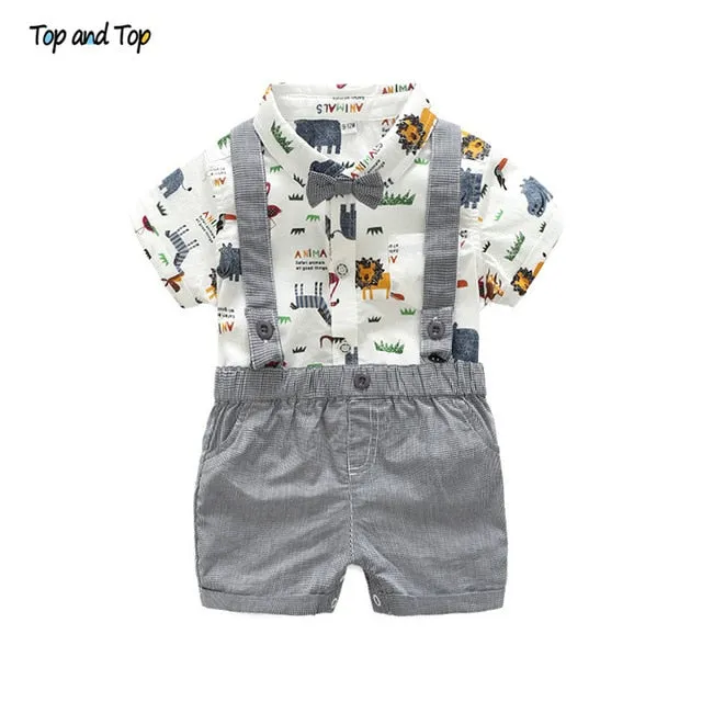 Top and Top Fashion Baby Boy Clothes Long Sleeve Dinosaur Print Shirt Romper Suspenders Pants 3Pcs Gentleman Baby Clothing Set
