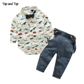 Top and Top Fashion Baby Boy Clothes Long Sleeve Dinosaur Print Shirt Romper Suspenders Pants 3Pcs Gentleman Baby Clothing Set