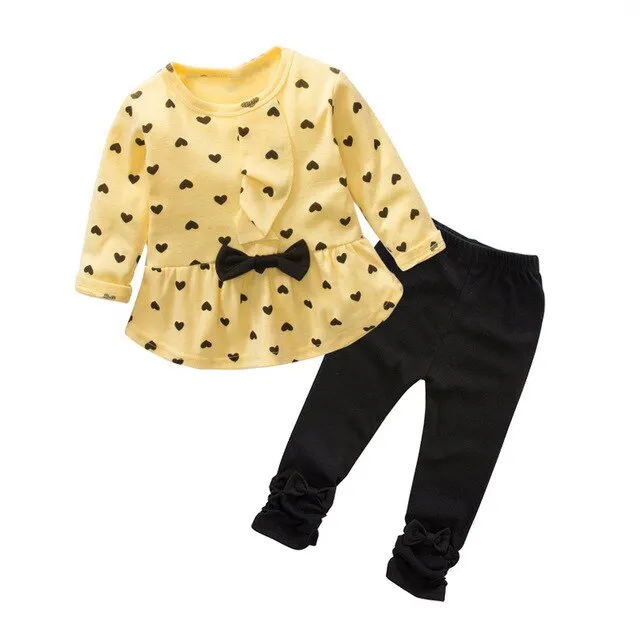 Top and Top Fashion Cute Baby Girl Clothes Long Sleeved Ruffle Dress Tshirt Bowknot Leggings Pants Toddler Girls Outfit Set