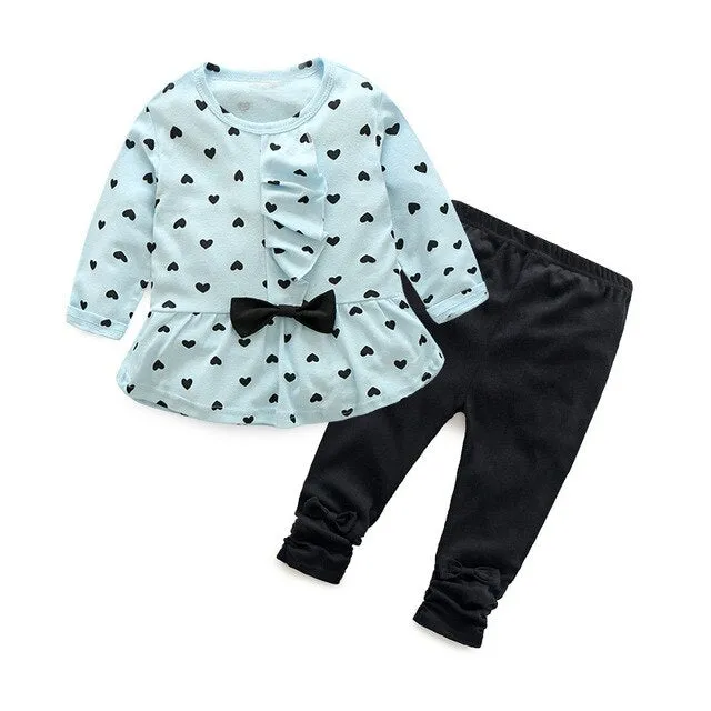 Top and Top Fashion Cute Baby Girl Clothes Long Sleeved Ruffle Dress Tshirt Bowknot Leggings Pants Toddler Girls Outfit Set