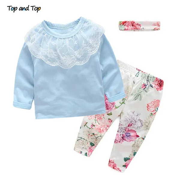 Top and Top Fashion Cute Toddler Girls Clothing Set Short Sleeve T-shirt Trousers Headband Baby Girl Summer Clothes