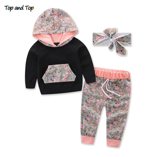 Top and Top Fashion Cute Toddler Girls Clothing Set Short Sleeve T-shirt Trousers Headband Baby Girl Summer Clothes
