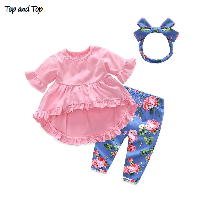 Top and Top Fashion Cute Toddler Girls Clothing Set Short Sleeve T-shirt Trousers Headband Baby Girl Summer Clothes
