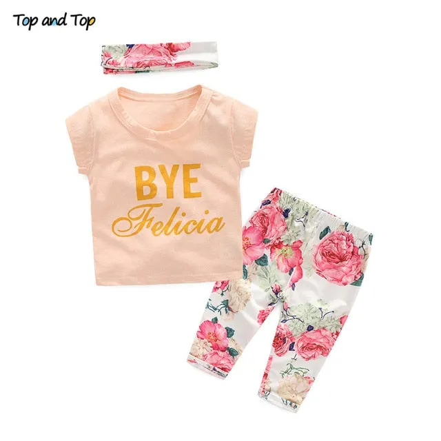 Top and Top Fashion Cute Toddler Girls Clothing Set Short Sleeve T-shirt Trousers Headband Baby Girl Summer Clothes