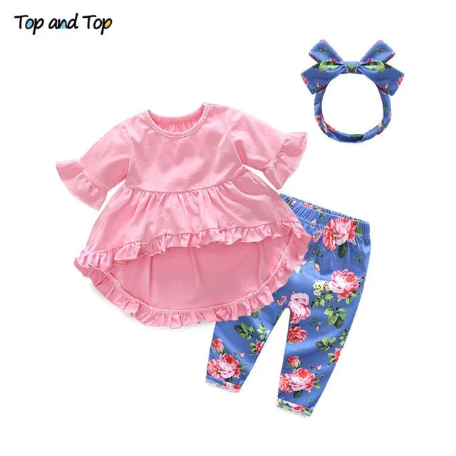 Top and Top Fashion Cute Toddler Girls Clothing Set Short Sleeve T-shirt Trousers Headband Baby Girl Summer Clothes