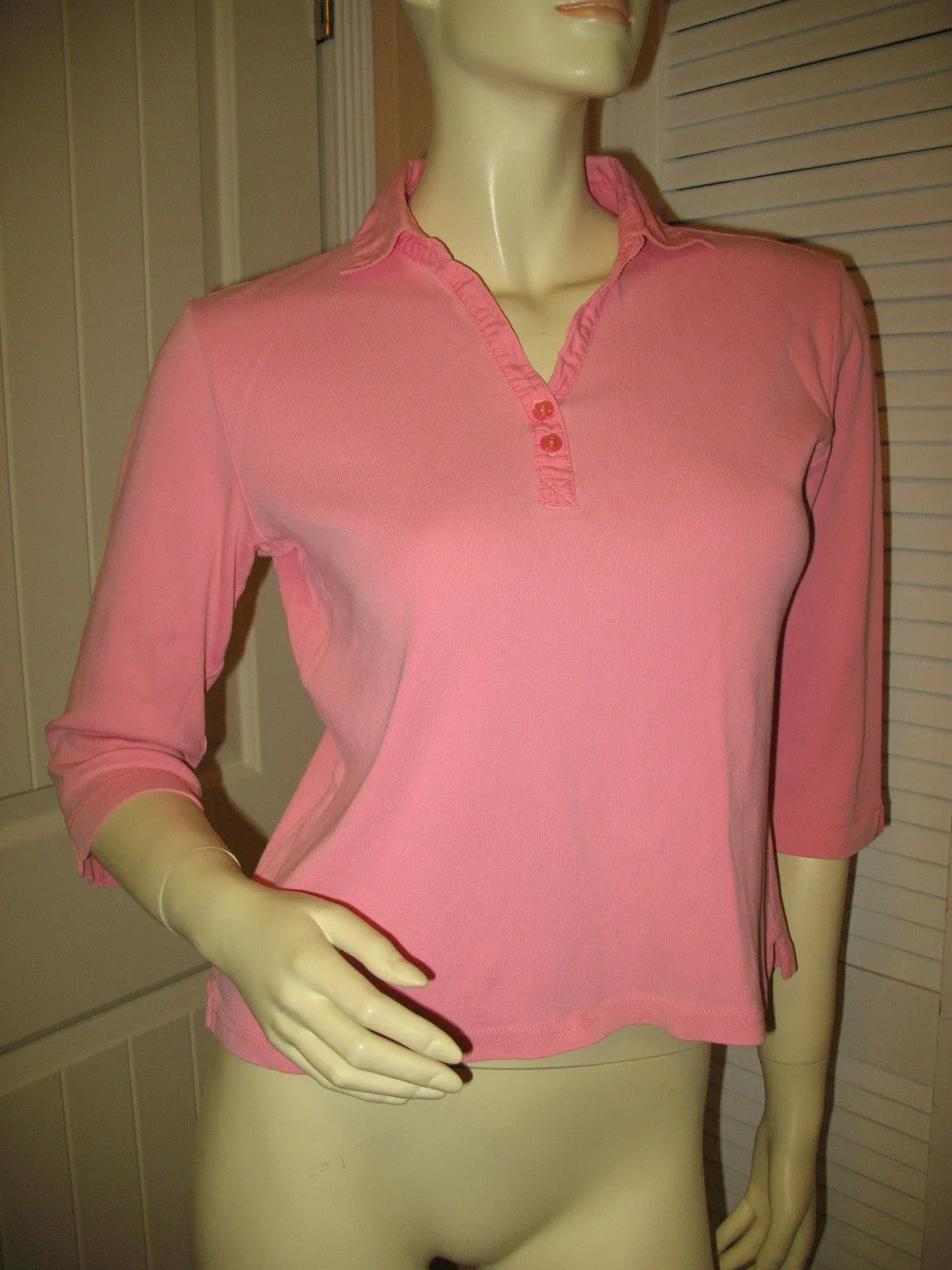 Womens Tops TALBOTS PINK 3/4 Sleeve V-Neck Collar Collared COTTON SHIRT TOP Small Casual Clothes