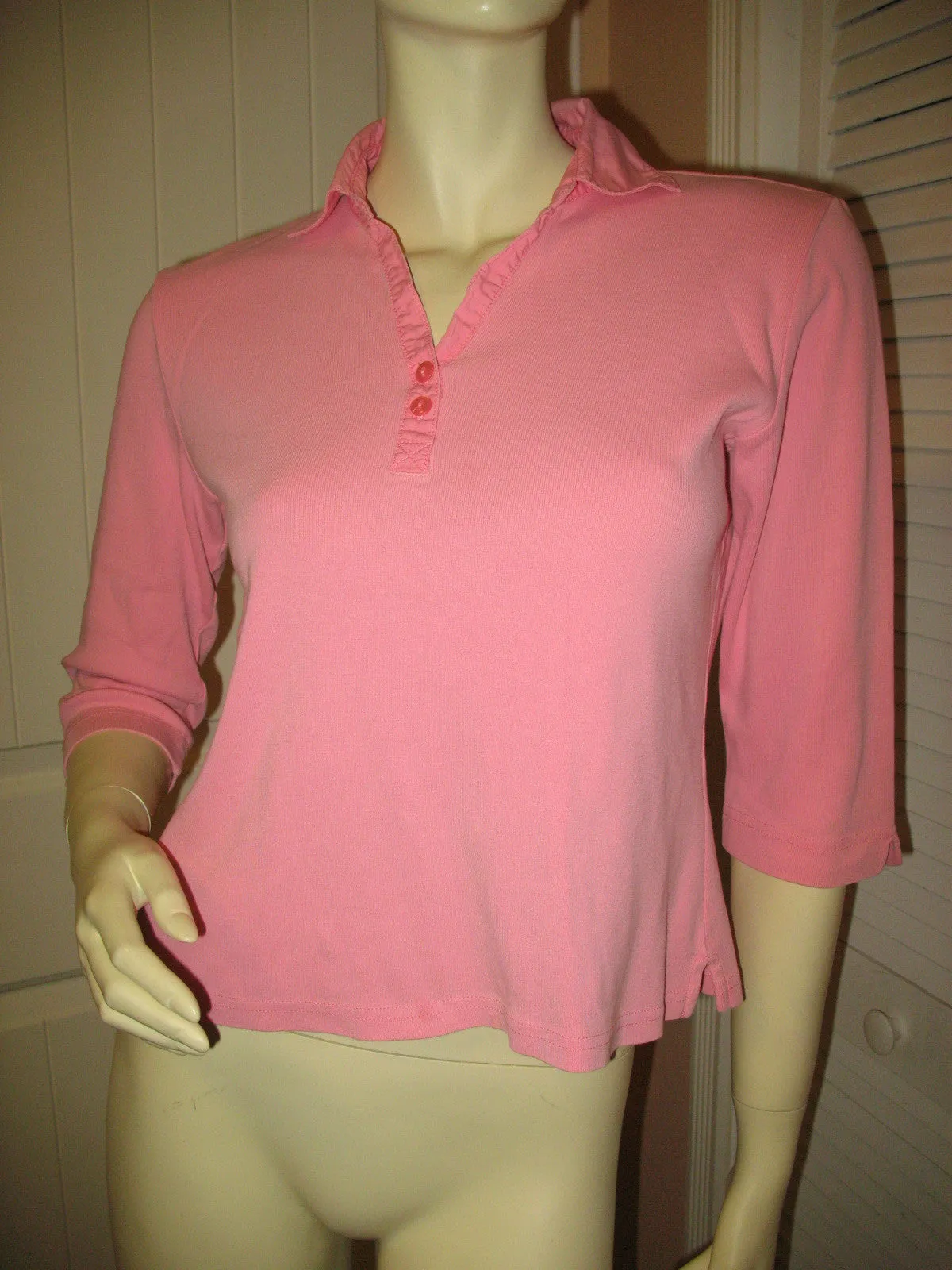 Womens Tops TALBOTS PINK 3/4 Sleeve V-Neck Collar Collared COTTON SHIRT TOP Small Casual Clothes