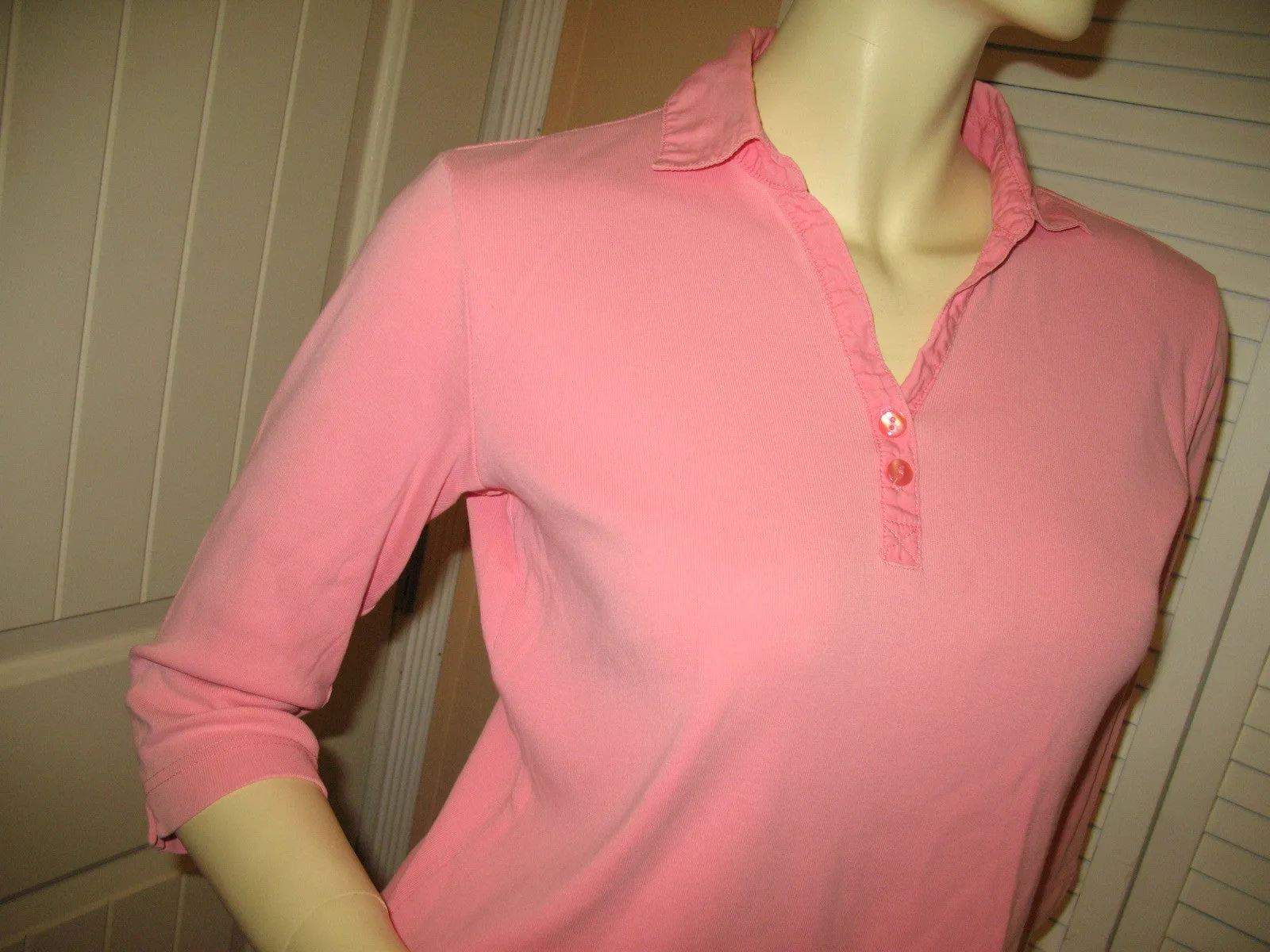 Womens Tops TALBOTS PINK 3/4 Sleeve V-Neck Collar Collared COTTON SHIRT TOP Small Casual Clothes