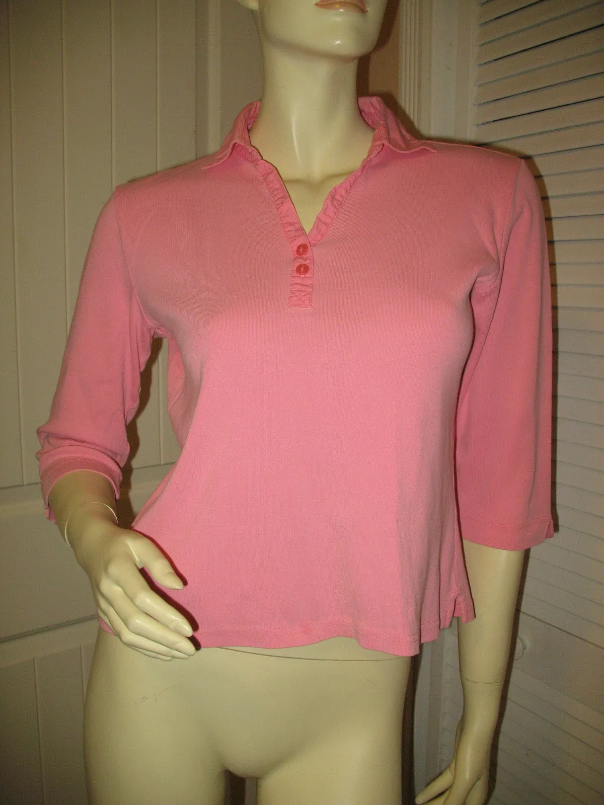 Womens Tops TALBOTS PINK 3/4 Sleeve V-Neck Collar Collared COTTON SHIRT TOP Small Casual Clothes